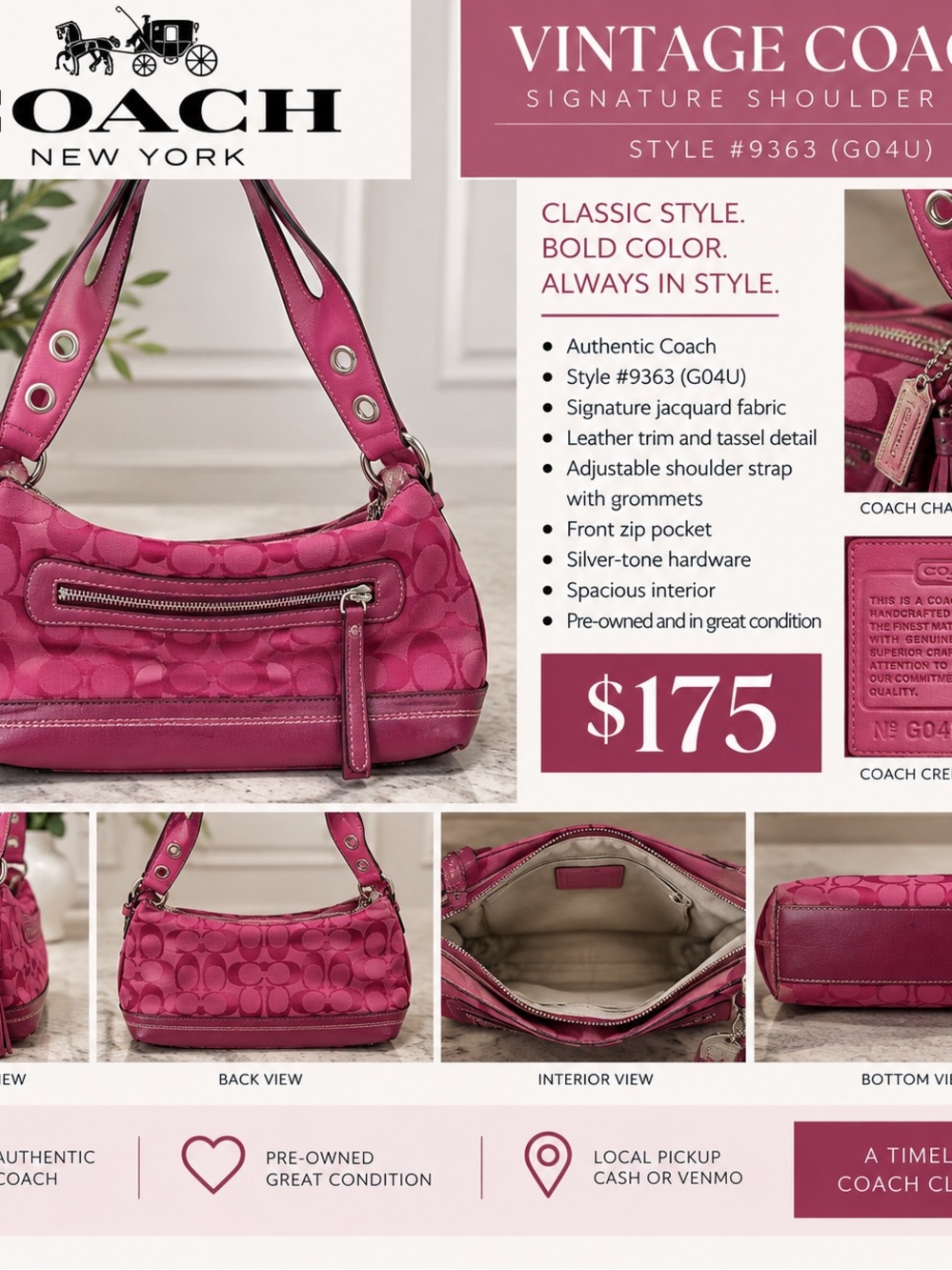 Coach Pink Signature Jacquard Shoulder Bag with Tassel
